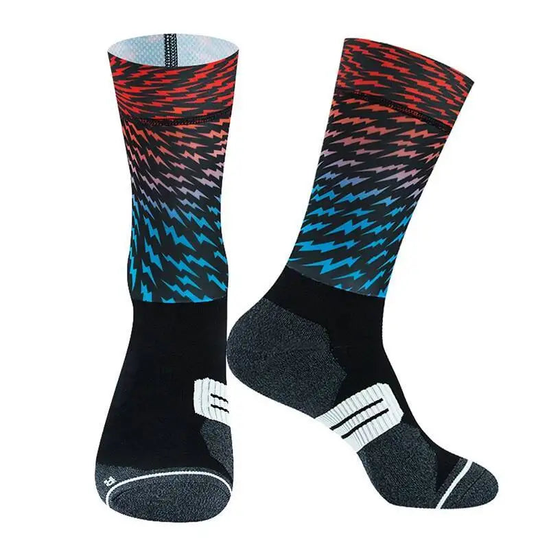 Cycling Crew Socks Men Women, Fun Cartoon & Geometric Patterns, Breathable Moisture-Wicking Anti-Slip Bike Riding Socks