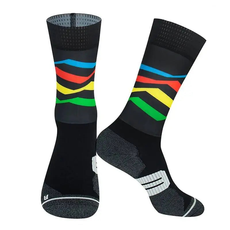 Cycling Crew Socks Men Women, Fun Cartoon & Geometric Patterns, Breathable Moisture-Wicking Anti-Slip Bike Riding Socks