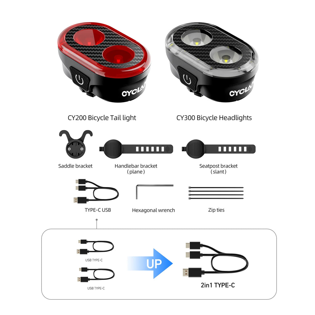 CYCLAMI CY300T Bicycle Smart Brake Sensing Front Rear Light Waterproof MTB Road Bike Lights Cycling Accessories
