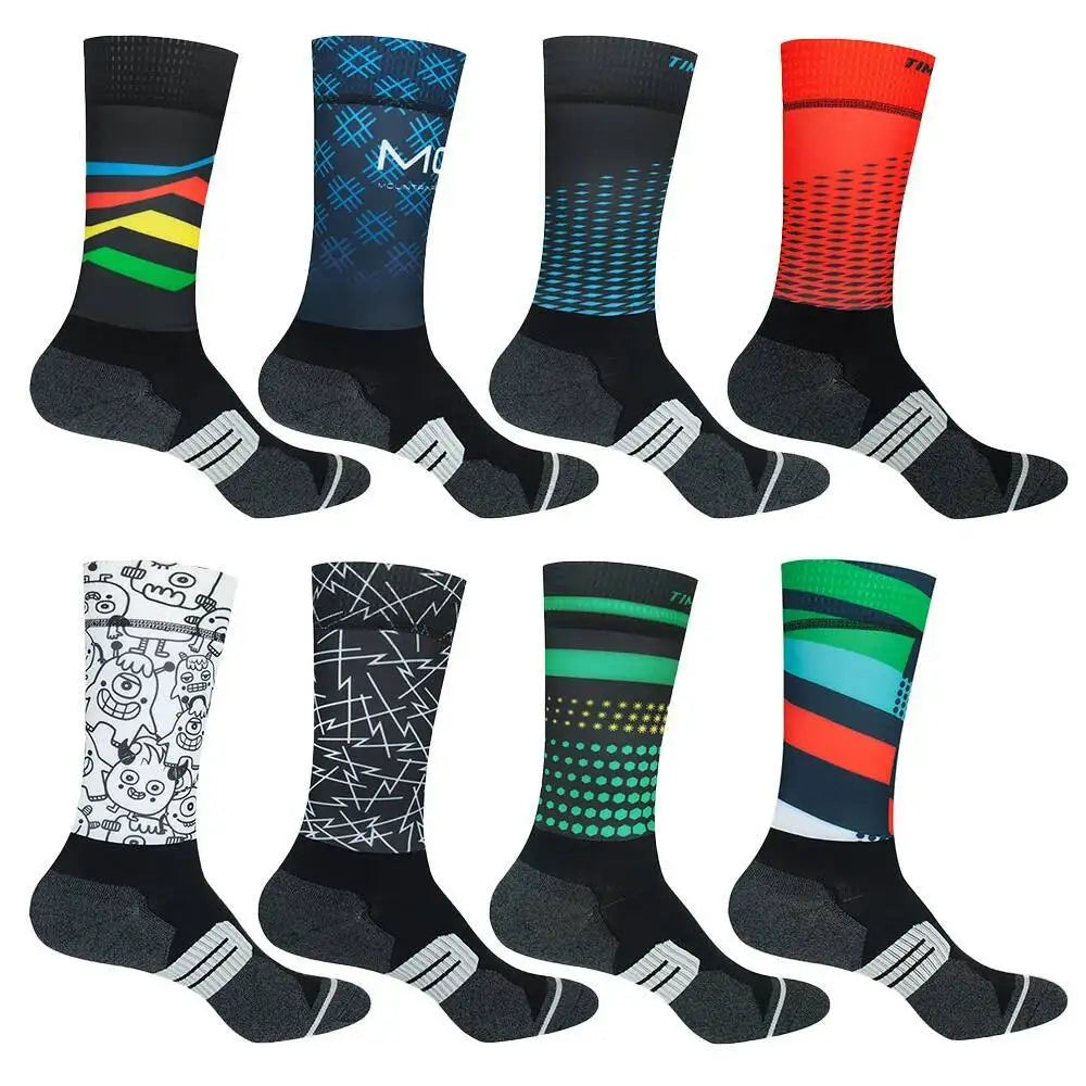Cycling Crew Socks Men Women, Fun Cartoon & Geometric Patterns, Breathable Moisture-Wicking Anti-Slip Bike Riding Socks