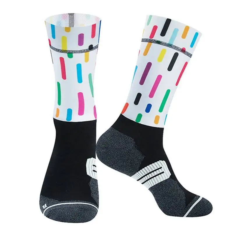 Cycling Crew Socks Men Women, Fun Cartoon & Geometric Patterns, Breathable Moisture-Wicking Anti-Slip Bike Riding Socks