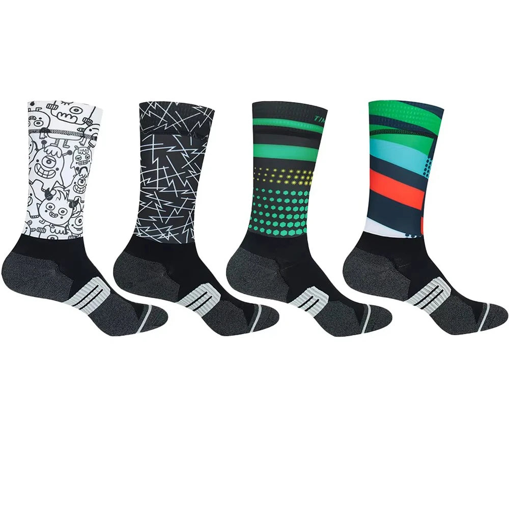 Cycling Crew Socks Men Women, Fun Cartoon & Geometric Patterns, Breathable Moisture-Wicking Anti-Slip Bike Riding Socks