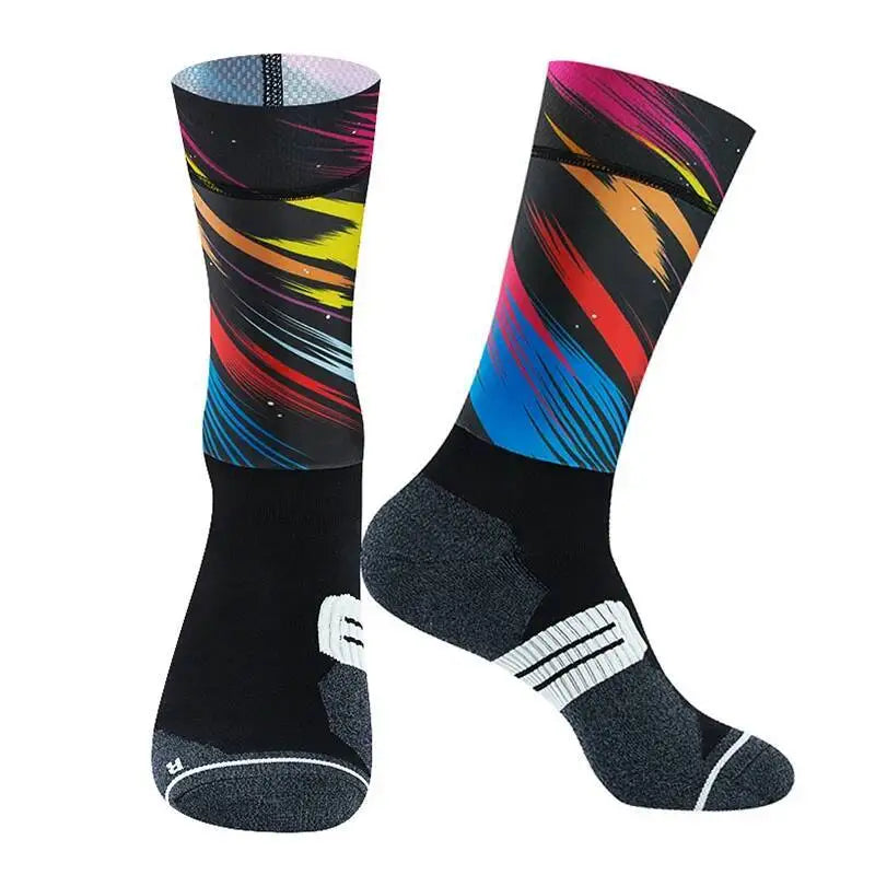 Cycling Crew Socks Men Women, Fun Cartoon & Geometric Patterns, Breathable Moisture-Wicking Anti-Slip Bike Riding Socks