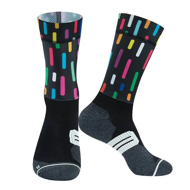 Cycling Crew Socks Men Women, Fun Cartoon & Geometric Patterns, Breathable Moisture-Wicking Anti-Slip Bike Riding Socks