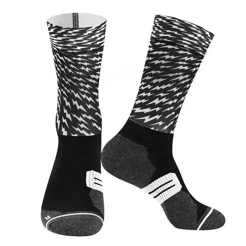Cycling Crew Socks Men Women, Fun Cartoon & Geometric Patterns, Breathable Moisture-Wicking Anti-Slip Bike Riding Socks