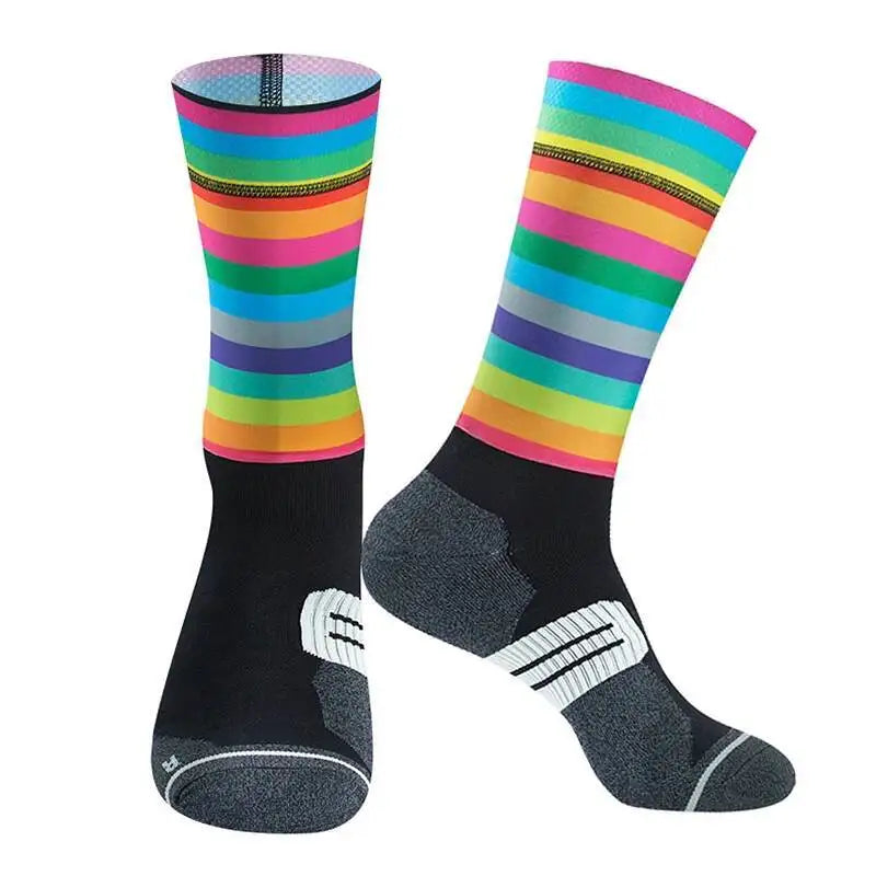 Cycling Crew Socks Men Women, Fun Cartoon & Geometric Patterns, Breathable Moisture-Wicking Anti-Slip Bike Riding Socks