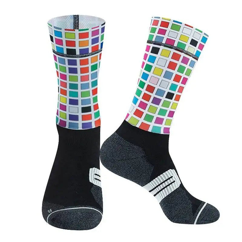 Cycling Crew Socks Men Women, Fun Cartoon & Geometric Patterns, Breathable Moisture-Wicking Anti-Slip Bike Riding Socks