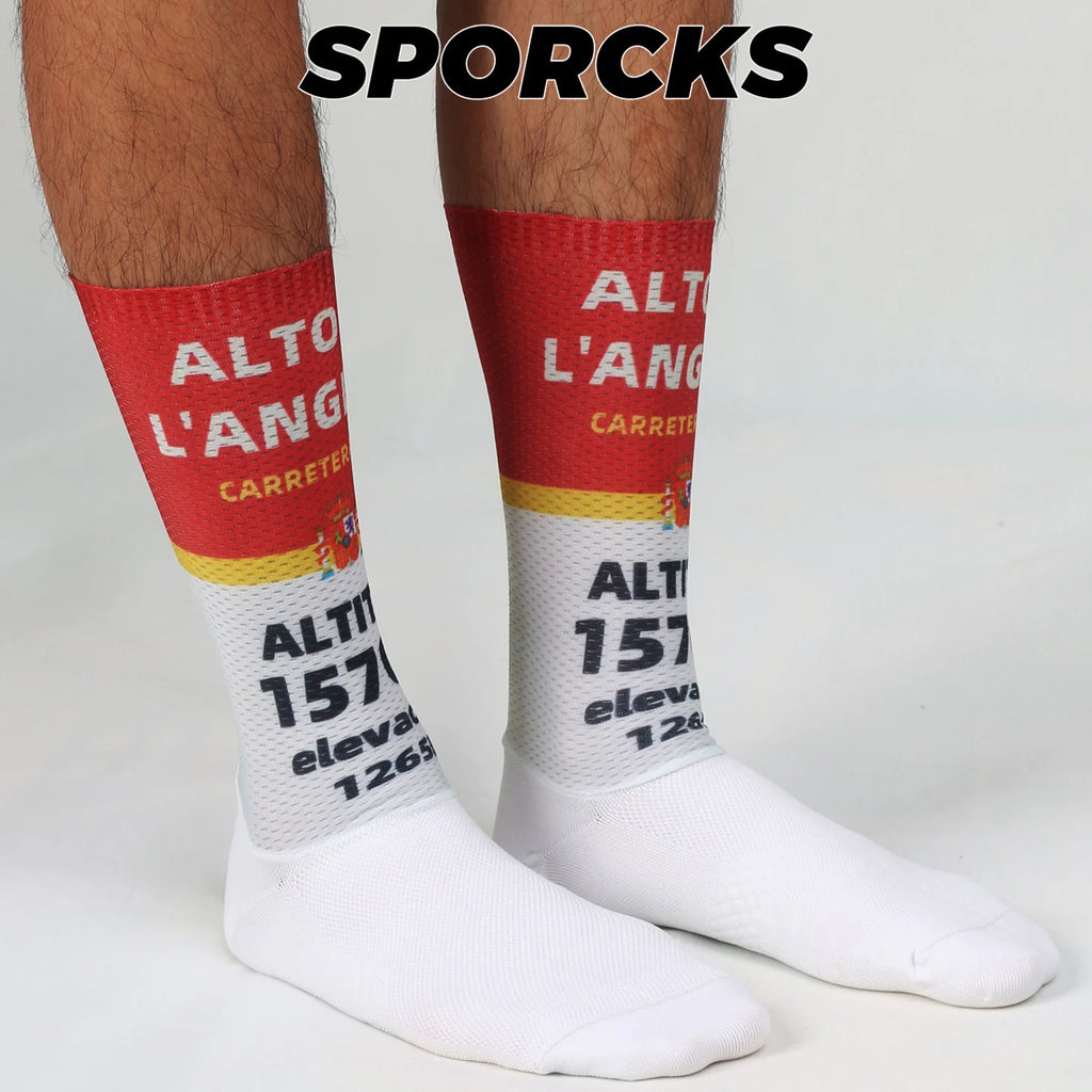 Cycling Socks with Spanish Road Sign Design Aero Aerodynamic Socks Road Bike Compression Socks Team Breathable Sweat-Absorbing Wear-Resistant Men's and Women's Mid-Calf Sr-14A