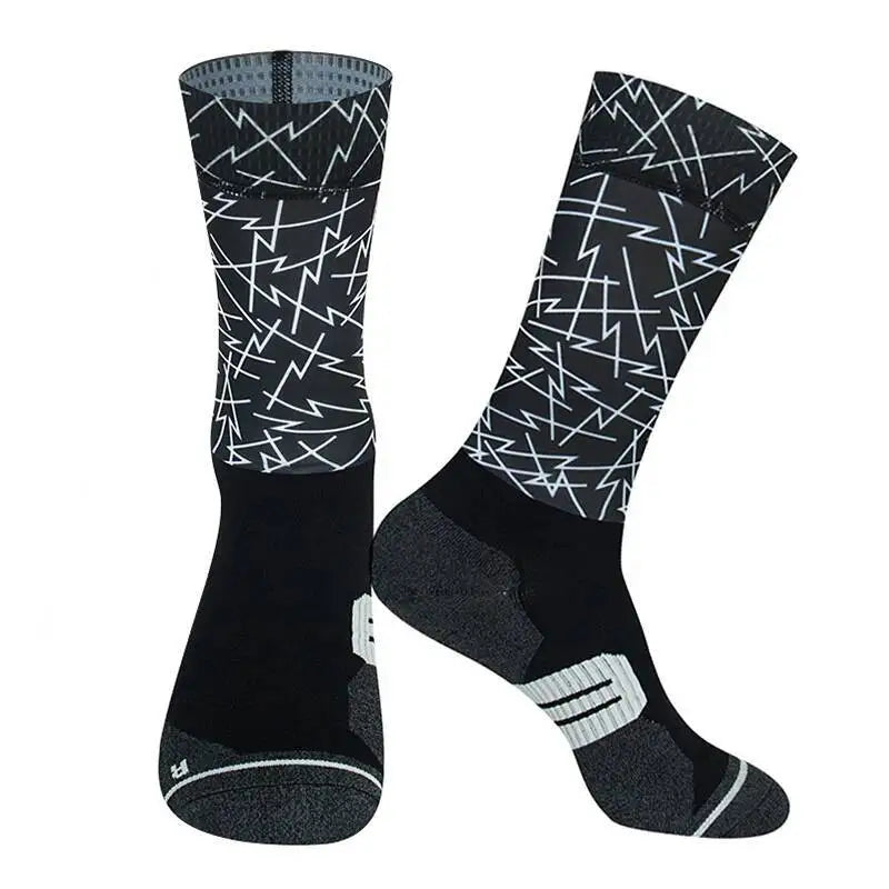 Cycling Crew Socks Men Women, Fun Cartoon & Geometric Patterns, Breathable Moisture-Wicking Anti-Slip Bike Riding Socks