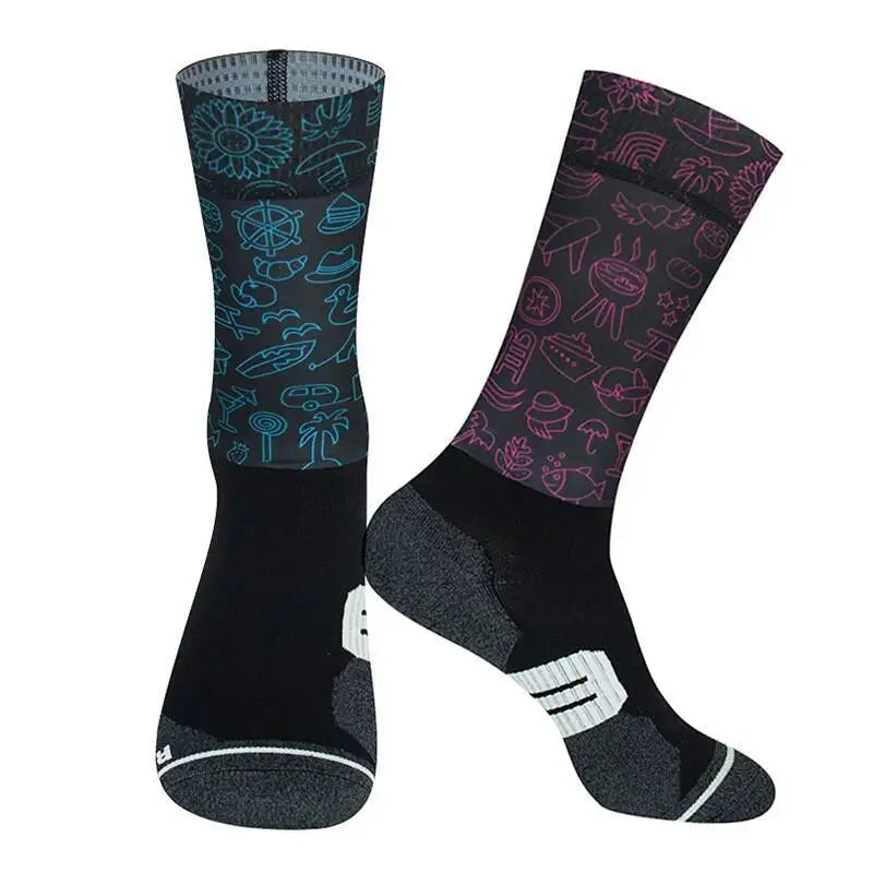 Cycling Crew Socks Men Women, Fun Cartoon & Geometric Patterns, Breathable Moisture-Wicking Anti-Slip Bike Riding Socks