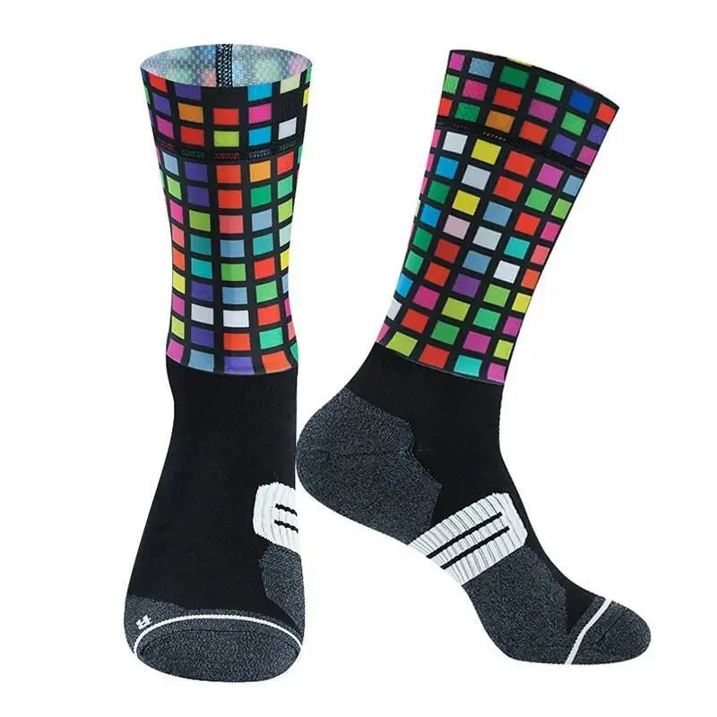 Cycling Crew Socks Men Women, Fun Cartoon & Geometric Patterns, Breathable Moisture-Wicking Anti-Slip Bike Riding Socks