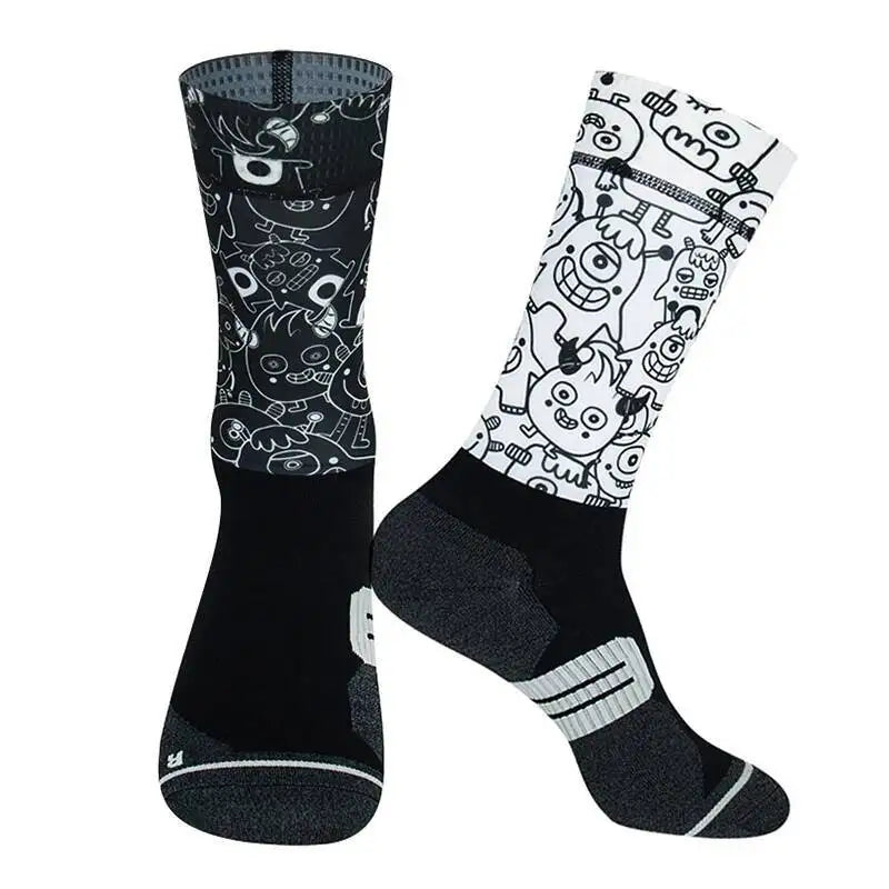 Cycling Crew Socks Men Women, Fun Cartoon & Geometric Patterns, Breathable Moisture-Wicking Anti-Slip Bike Riding Socks