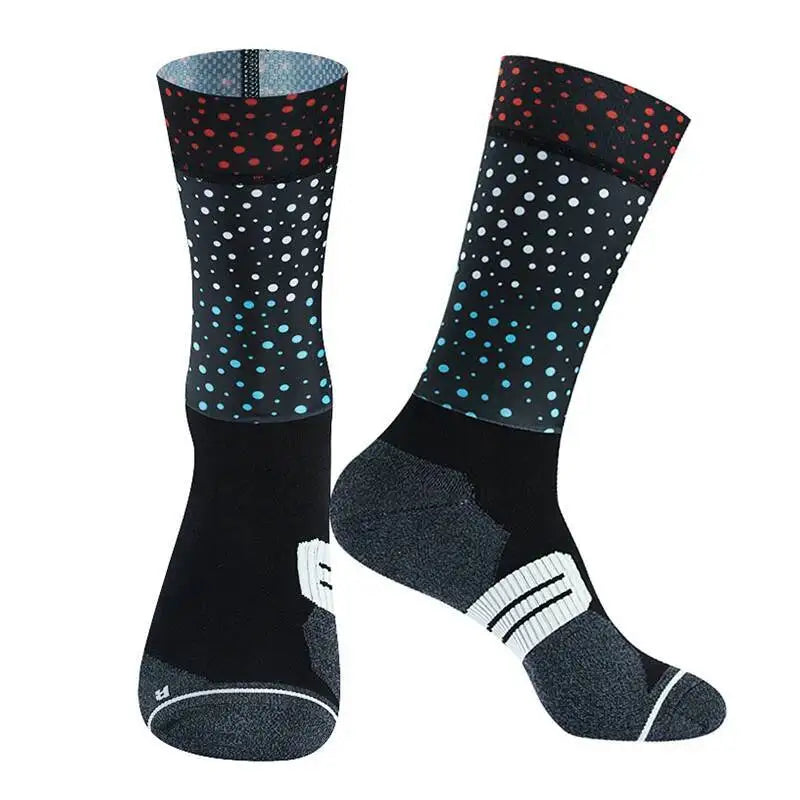 Cycling Crew Socks Men Women, Fun Cartoon & Geometric Patterns, Breathable Moisture-Wicking Anti-Slip Bike Riding Socks